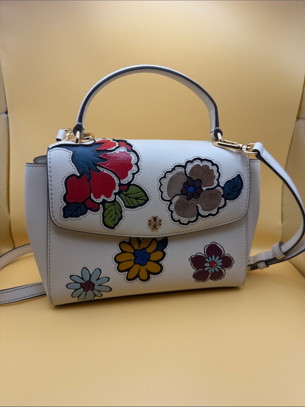Tory Burch White Leather Floral Appliqué Satchel width 9 inches height 6 inches